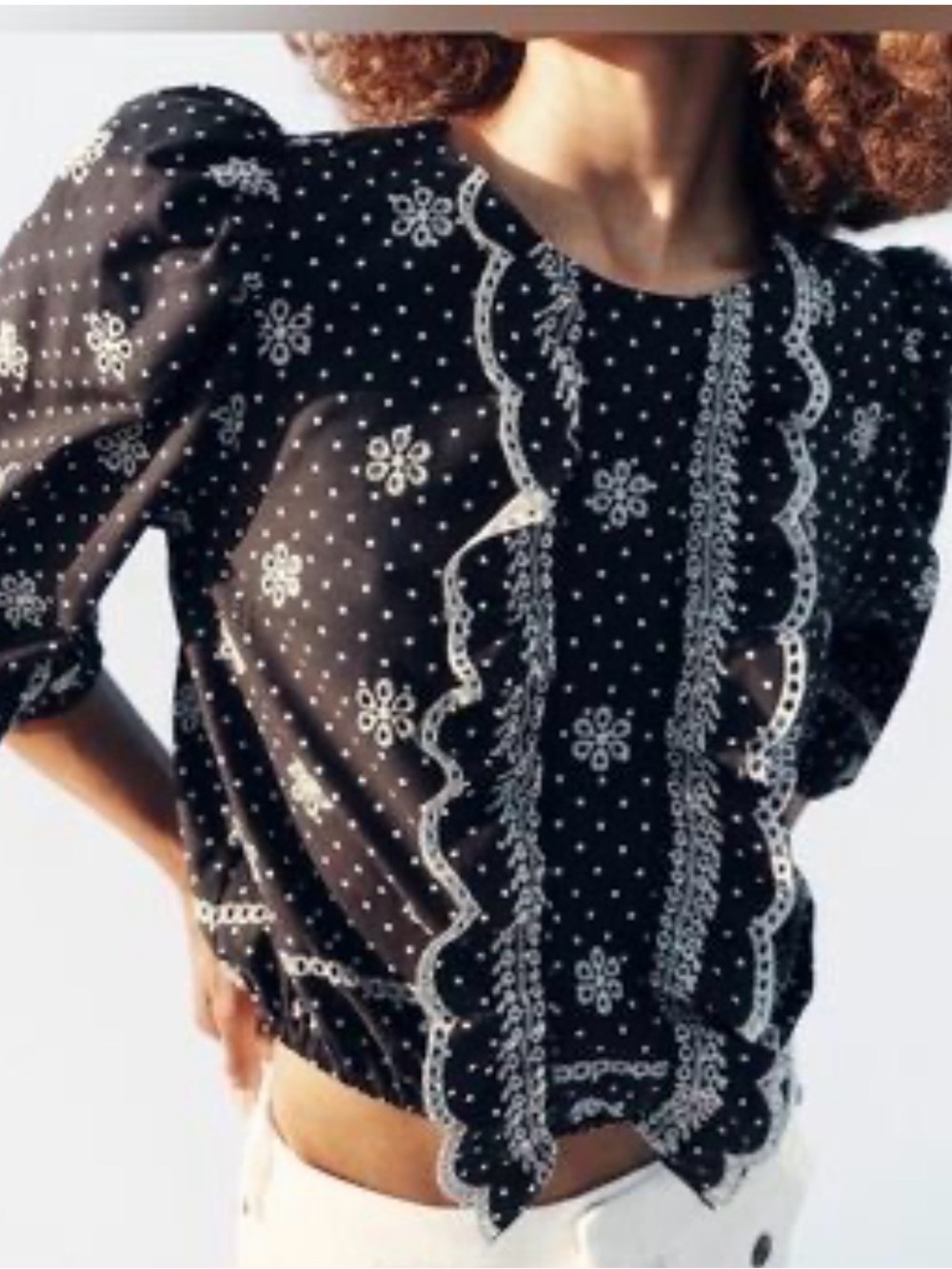 Zara Polka Dot Blouse with Cutwork Embroidery NWOT Small